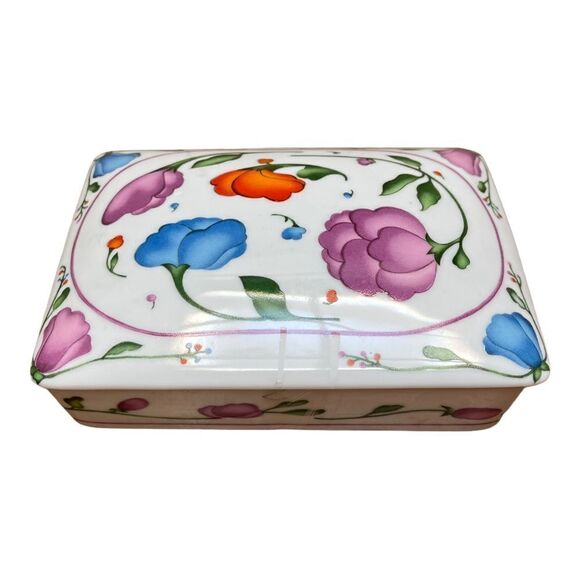 Vintage HORCHOW Floral Porcelain Divided Dish Trinket Box Japan Blue Pink Orange - Picture 1 of 7